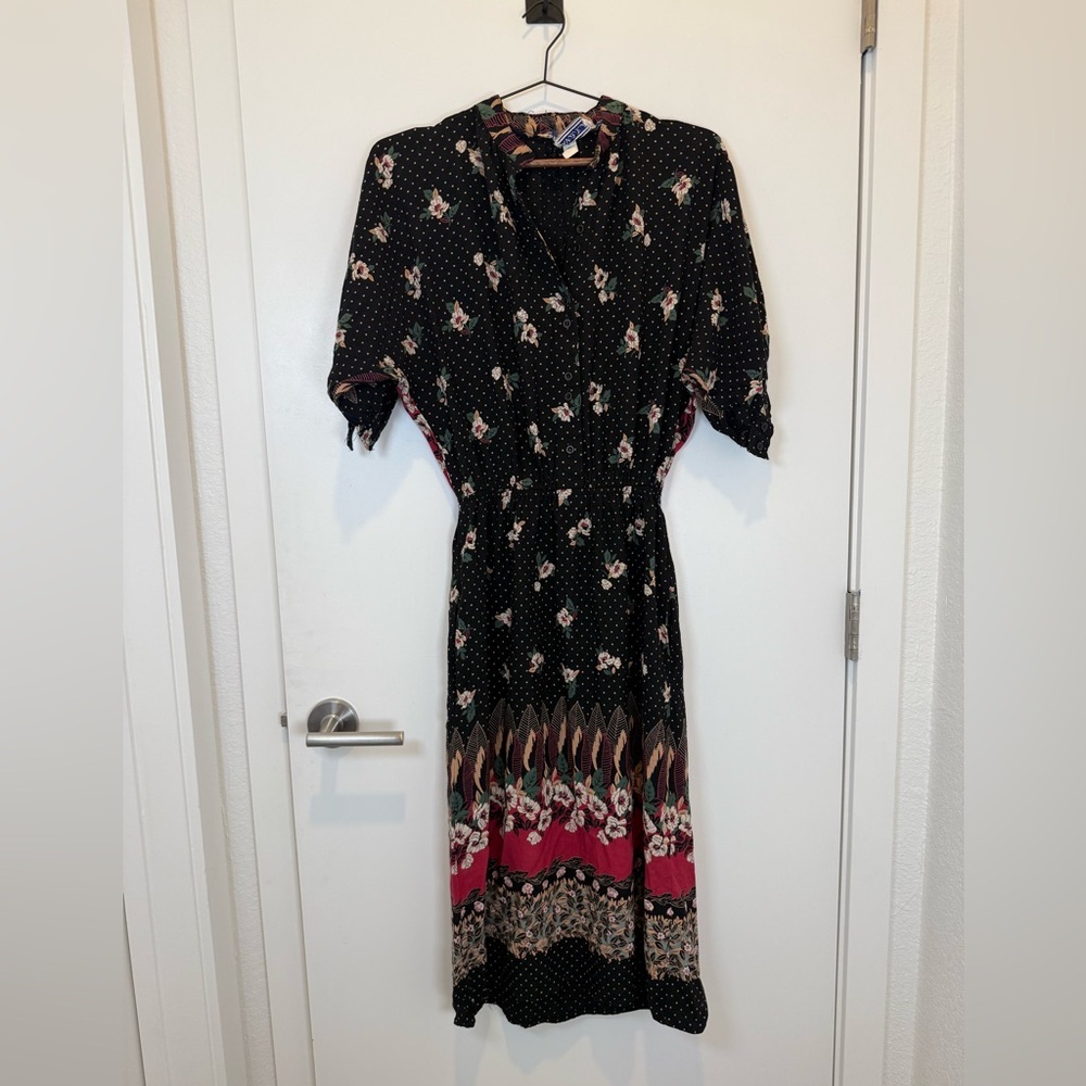 Vintage Samuel Blue Floral Black and Pink Women's Dress Y2K 90s Farmhouse